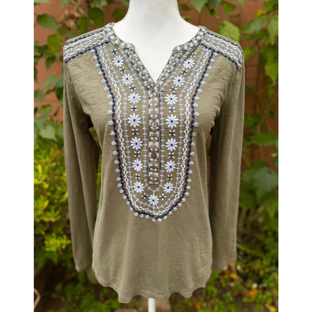 Style & Co Embroidered Boho Floral Olive Green Top Women’s Size L